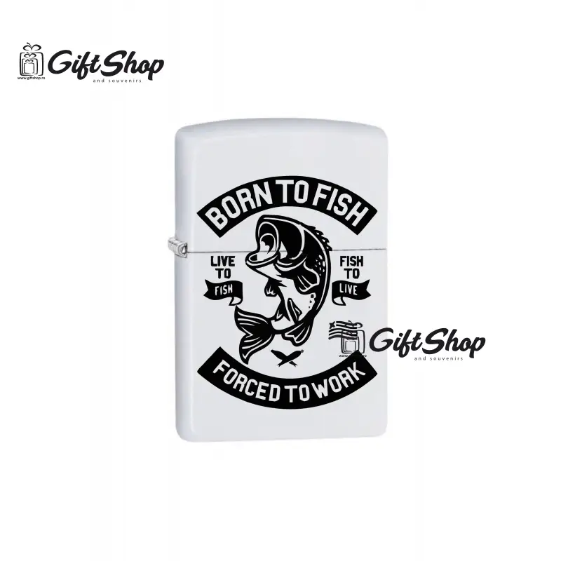 Born to fish forced to work, bricheta metalica gravata laser cu mesajv